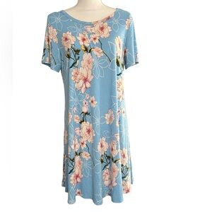 Blue Floral & Bird Print Short Sleeve Dress | Size XL